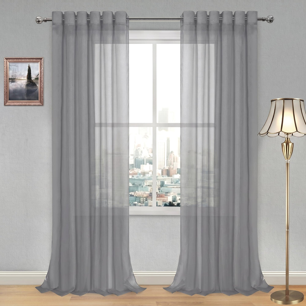DWCN White Sheer Curtains Linen Look Semi Transparent Voile Grommet White Curtains for Living Dining Room Drapes 52 x 84 Inch Long, Set of 2 Panels