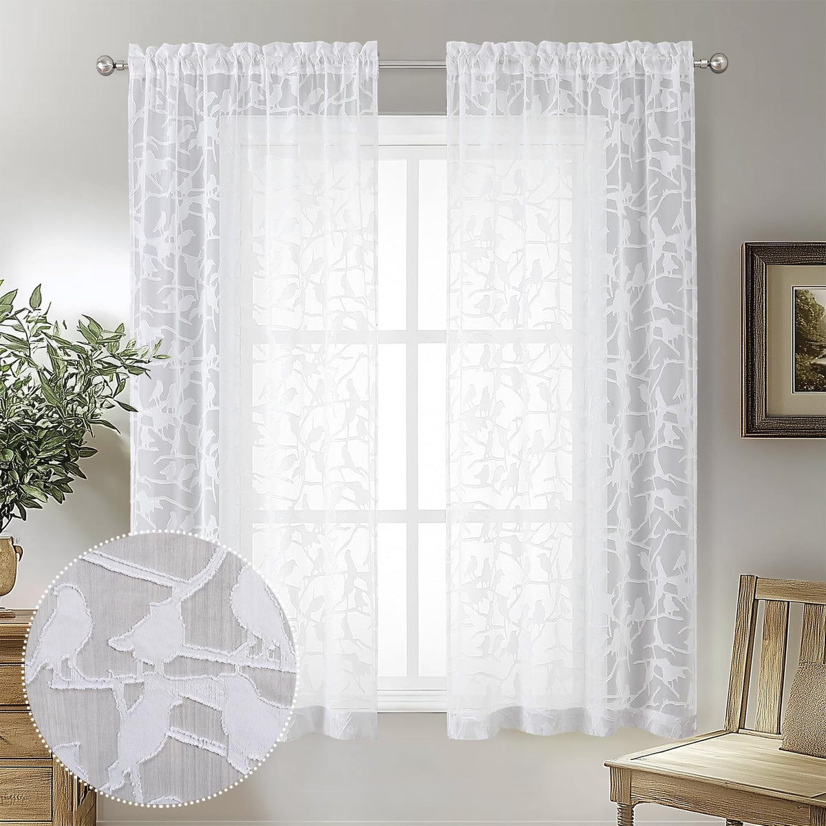 OVZME Sage Green Sheer Curtains 63 Inch Length 2 Panel Set, Light Filtering Bedroom Curtains with Dual Rod Pocket Top, Leaf Bird Clip Jacquard Sheer Farmhouse Window Drapes for Living Room, 2x38Wx63L