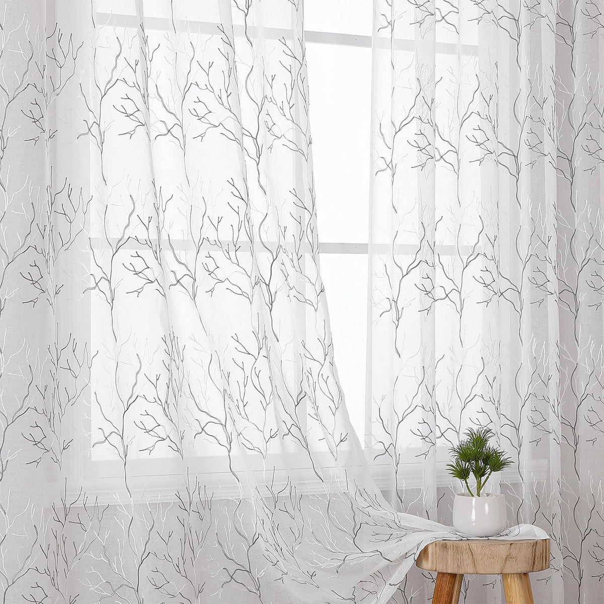 VISIONTEX Sheer Curtains Boho Leaf Floral Embroidered Cream Beige 54Wx84L