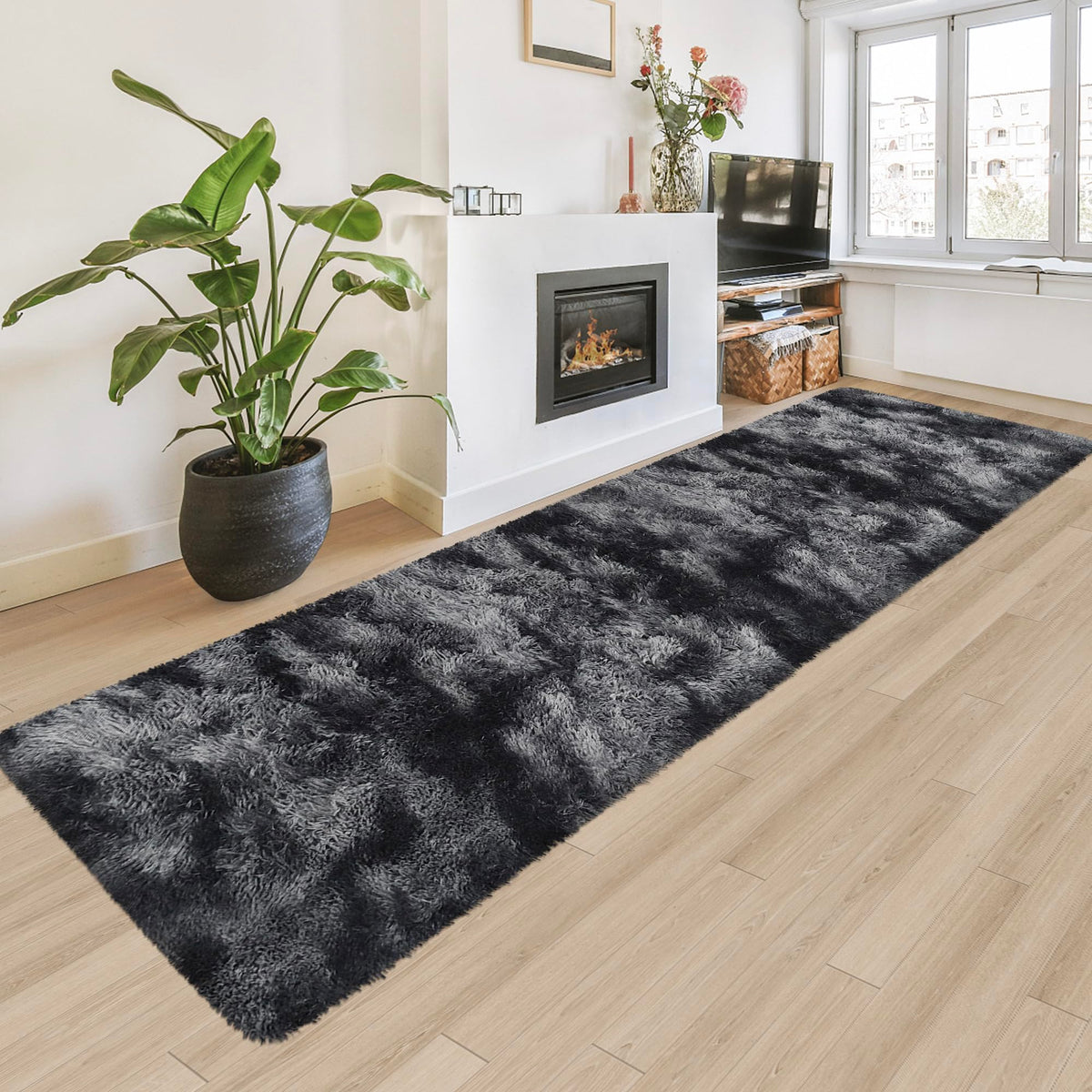 Tie-Dyed Runner Rug for Bedroom Black Grey 2x6ft Fluffy Area Rug Bedside Runner Rug for Kids Room Boys Teens Nursery Baby Living Room Dorm Home Decor Carpets