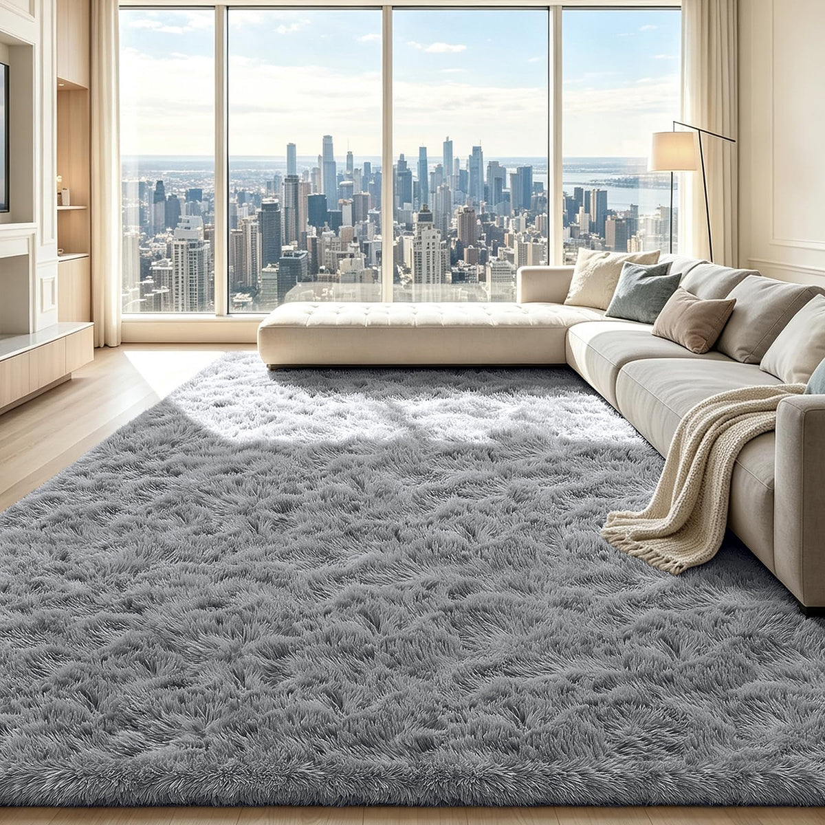 Beige 8x10 Area Rugs for Living Room, Fluffy Shag Rug Large Bedroom Carpet