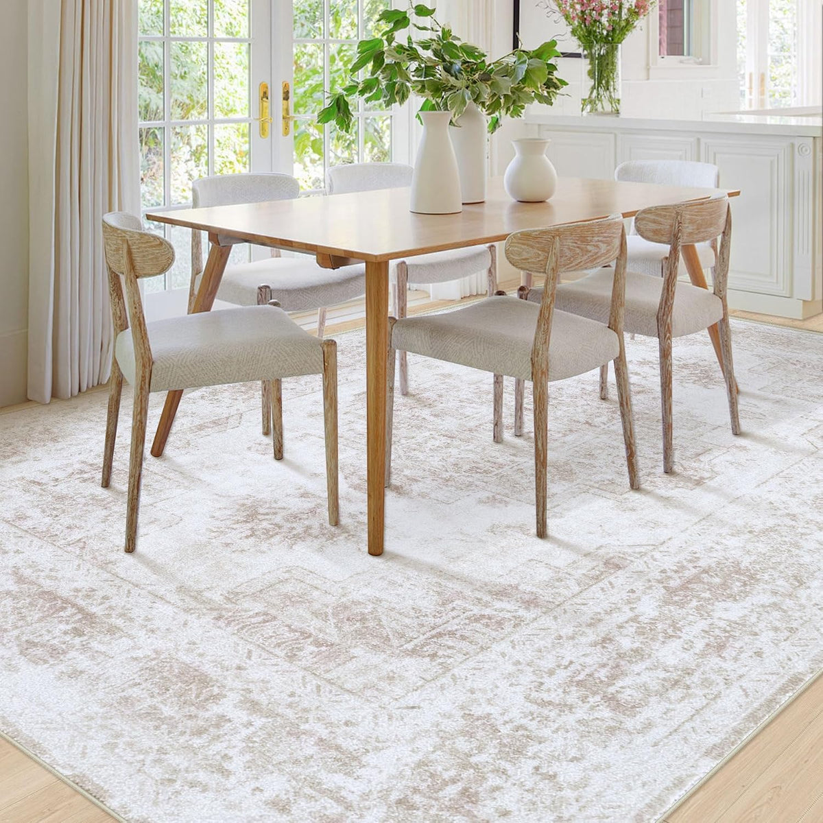 XLUEZ Area Rug 8x10 Living Room Rug, Machine Washable Vintage Distressed Medallion Rug Non-Slip Soft Low Pile Large Indoor Rugs for Bedroom Dining Room Office Children's Room (Beige,8'x10')