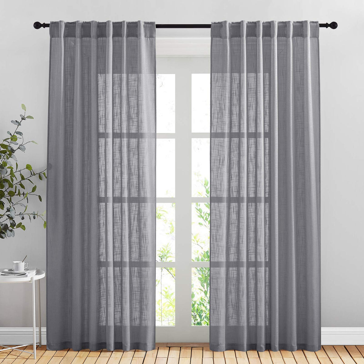 NICETOWN White Linen Sheer Curtains and Drapes 84 inches Long, Rod Pocket & Back Tab semitransparent with Light Through Vertical Window Treatments for Sliding Glass Door & Living Room, 52"W, Set of 2
