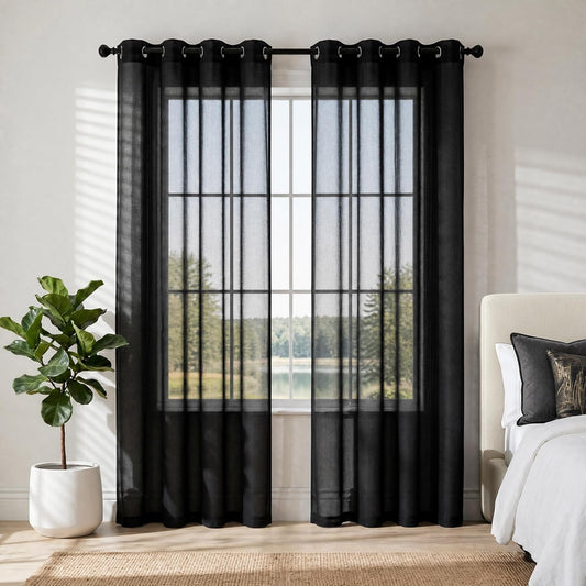 Mrs.Naturall Black Sheer Curtains 84 Inches Long for Living Room Set of 2 Panels Ring Grommet Window Curtain Panels for Bedroom 52x84 Inch Length