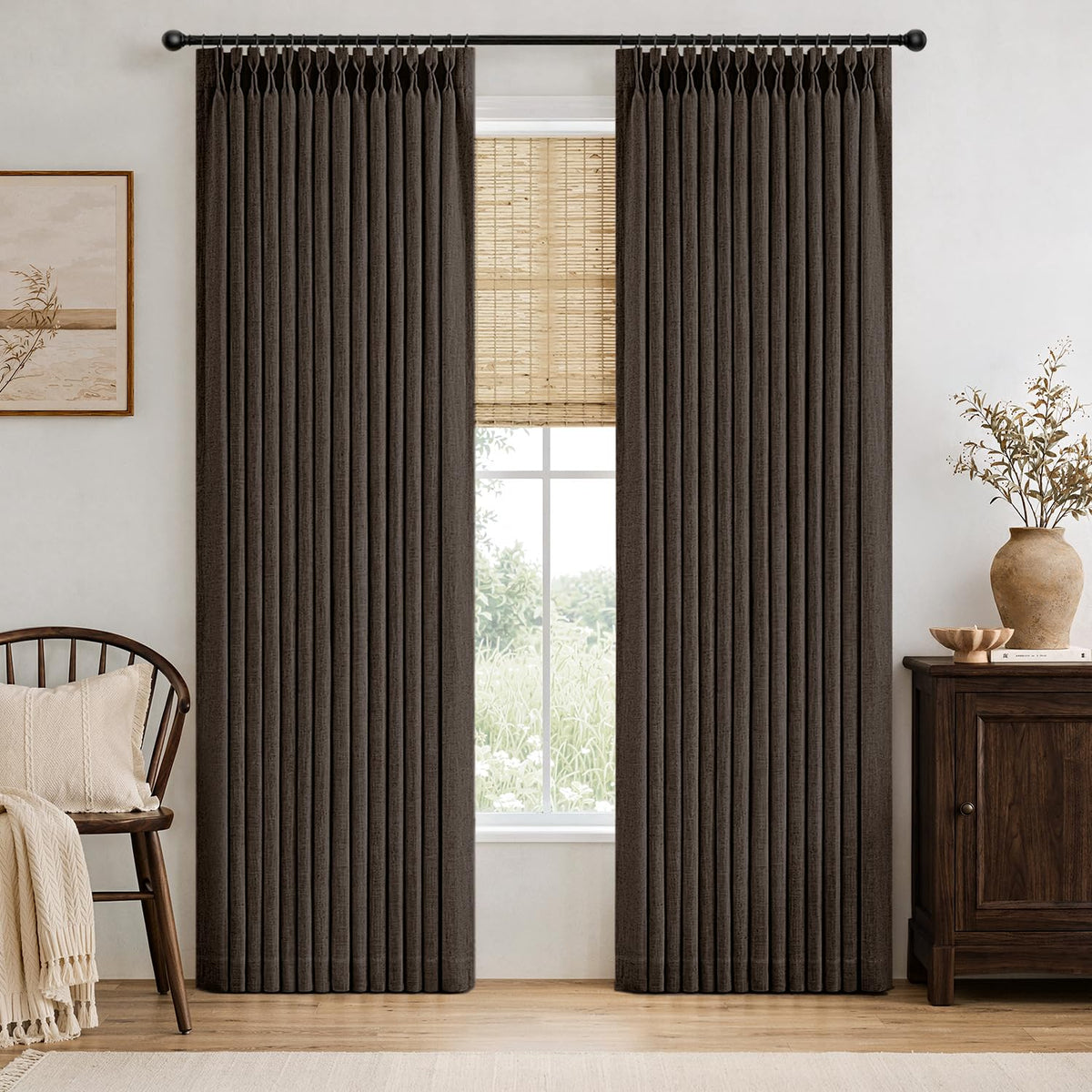 MIULEE Pinch Pleated Thick Linen Curtains 96 Inches Burlap Brown Curtains