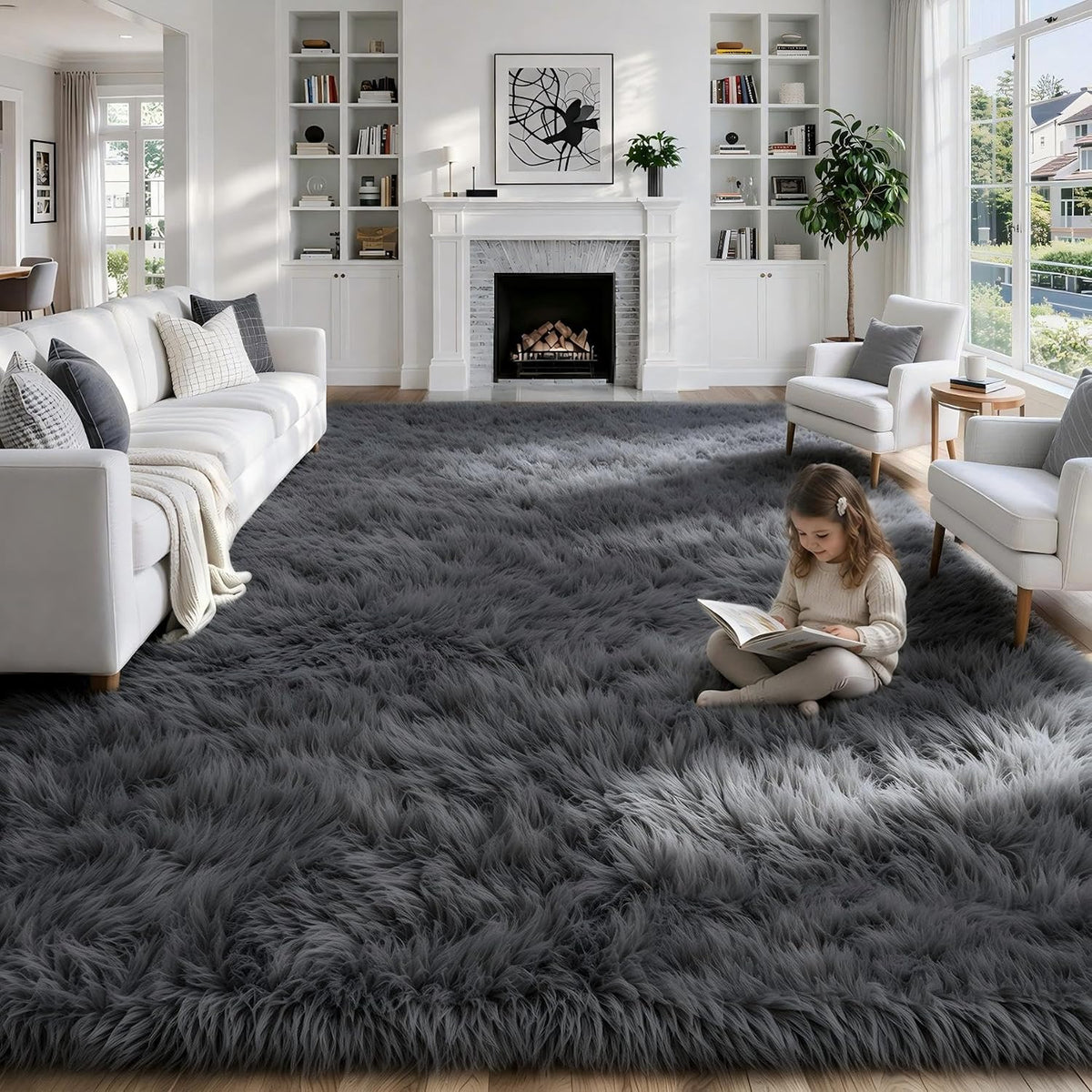 MXSANYOO 8x10 Fluffy Shag Area Rugs for Living Room Bedroom Grey Rug