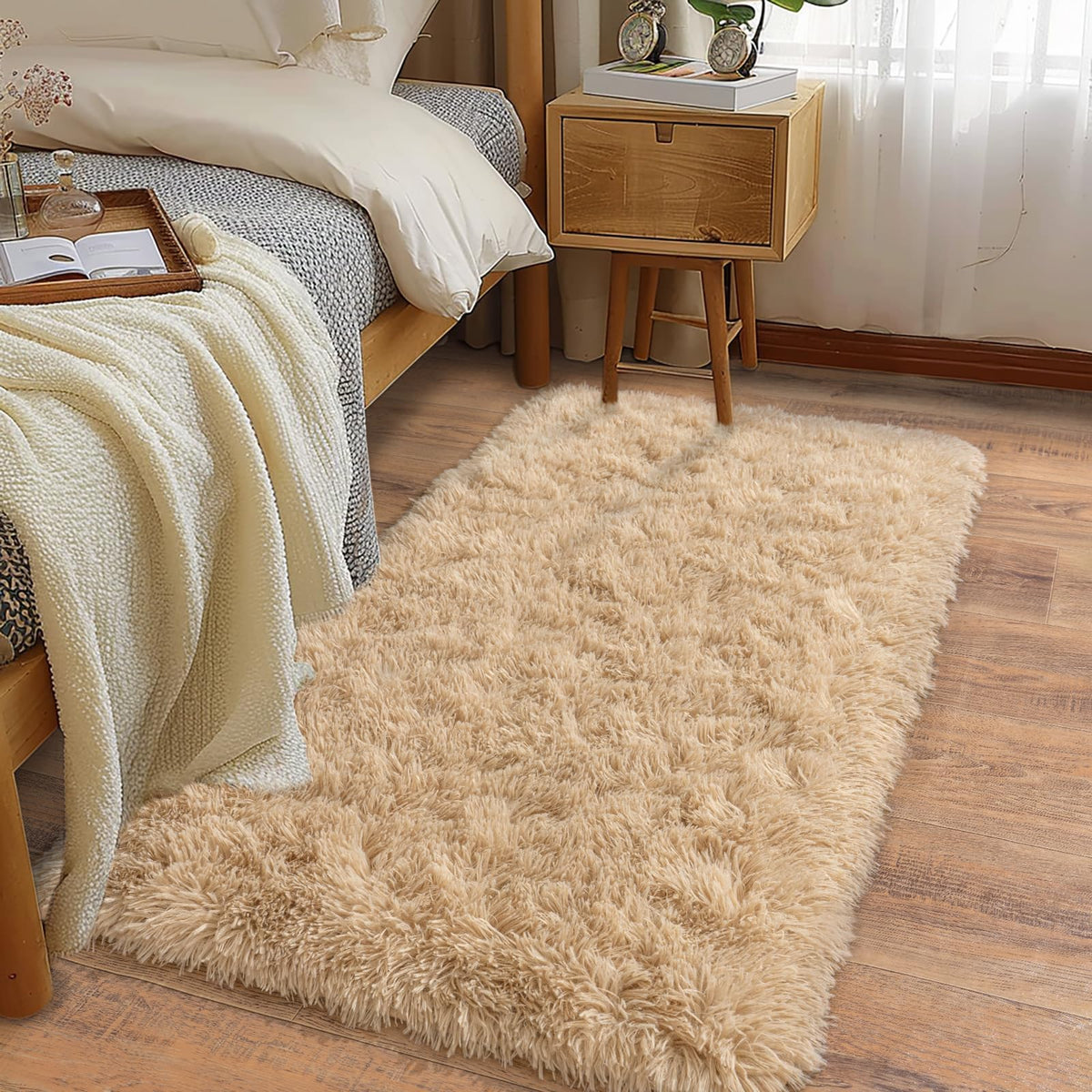 Soft Runner Rugs for Bedroom Hallway 2x6 Beige Fluffy Shag Washable