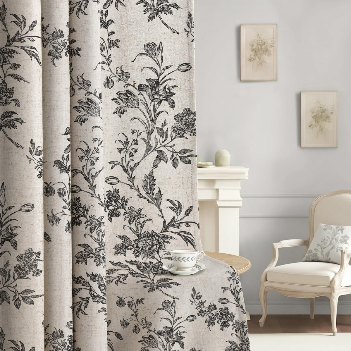 Boho Floral Light Filtering Curtains 84 Inch 2 Panels Linen Texture
