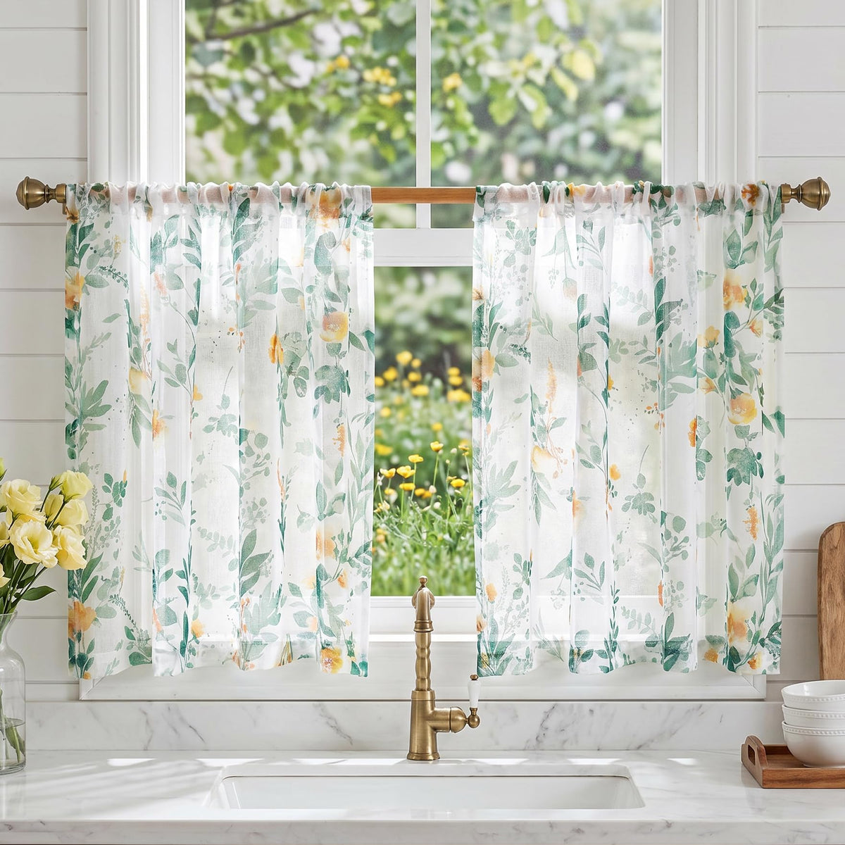 MYSKY HOME Yellow and Blue Sheer Floral Curtains 84 Inch Length 2 Panels