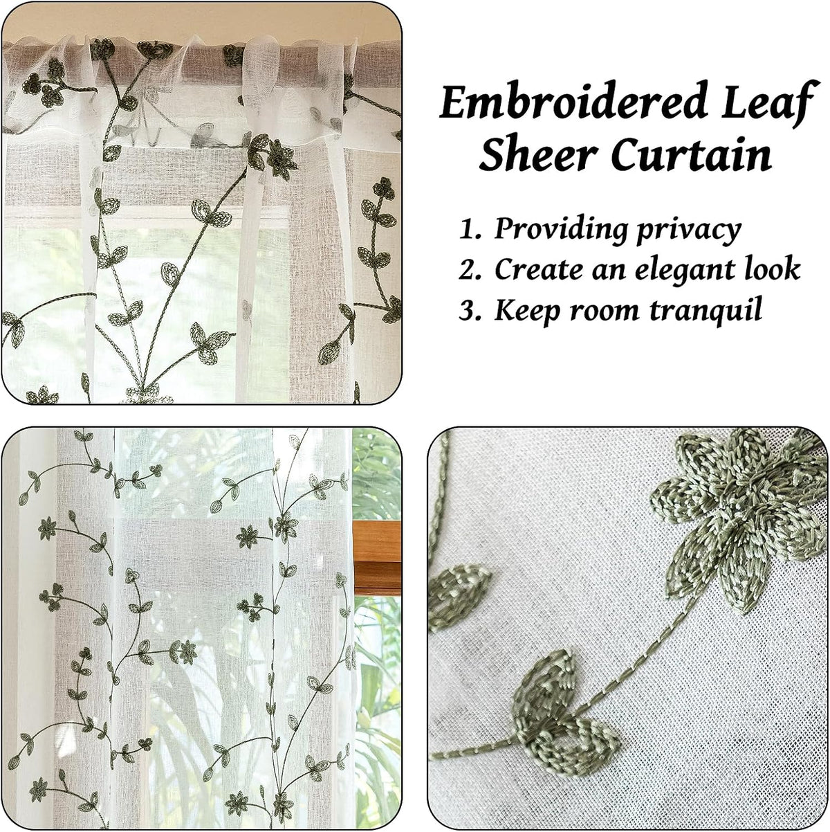 AmHoo 2 Panels Leaf Flora Embroidered Farmhouse Semi Sheer Curtain Voile Curtains for Living Room Bedroom Window Treatment White Sage Green 53 x 84 Inch
