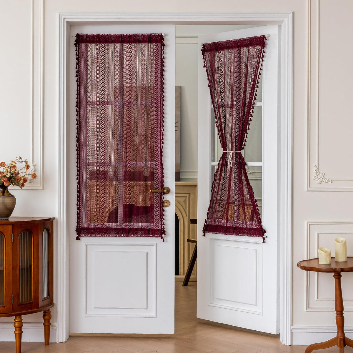 Sutuo Home Terracotta Boho Lace Curtains 2 Panels 84 Inches Long for Living Room&Bedroom, Burnt Orange Crochet Privacy Farmhouse Vintage Tassels Retro Halloween Window Sheer Curtains Rod Pocket,50" W