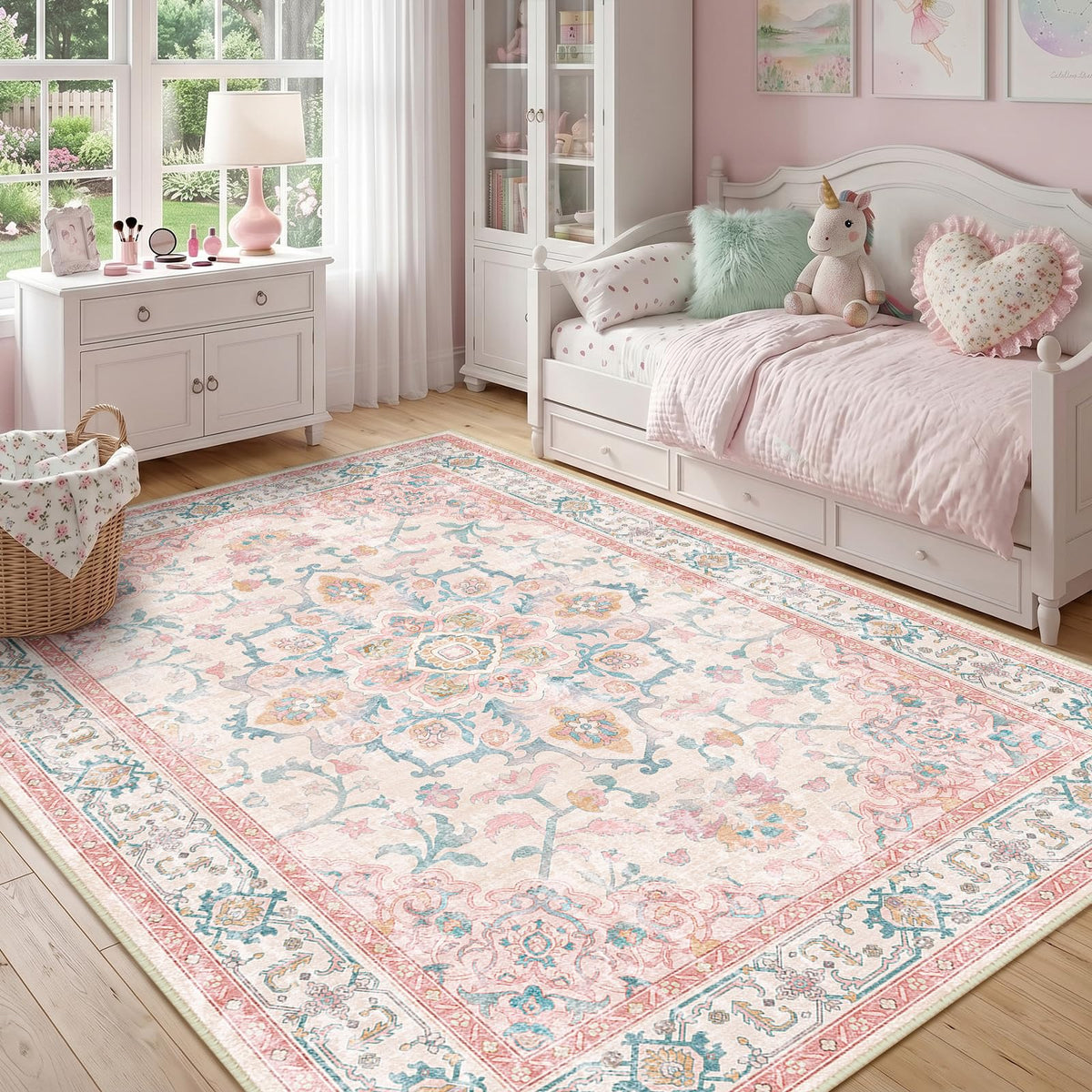 CAPALOCA 5x7 Washable Nursery Girls Low Pile Area Rug Pink