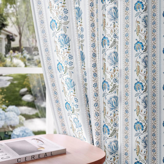 Pinch Pleated Memory Floral Linen Curtains 84 Inches 2 Panels Blue