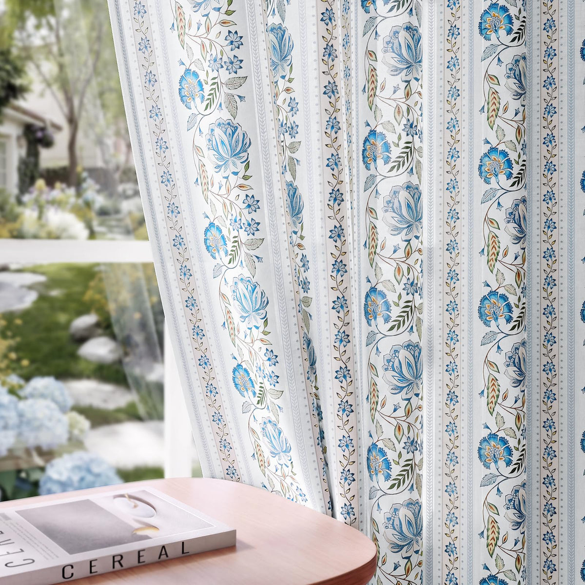 Pinch Pleated Memory Floral Linen Curtains 84 Inches 2 Panels Blue