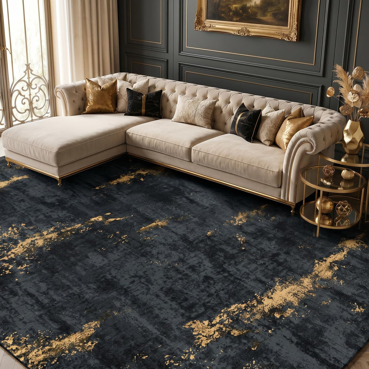 Fixwal Washable 5x7 Area Rug for Living Room, Non-Slip, Black/Gold