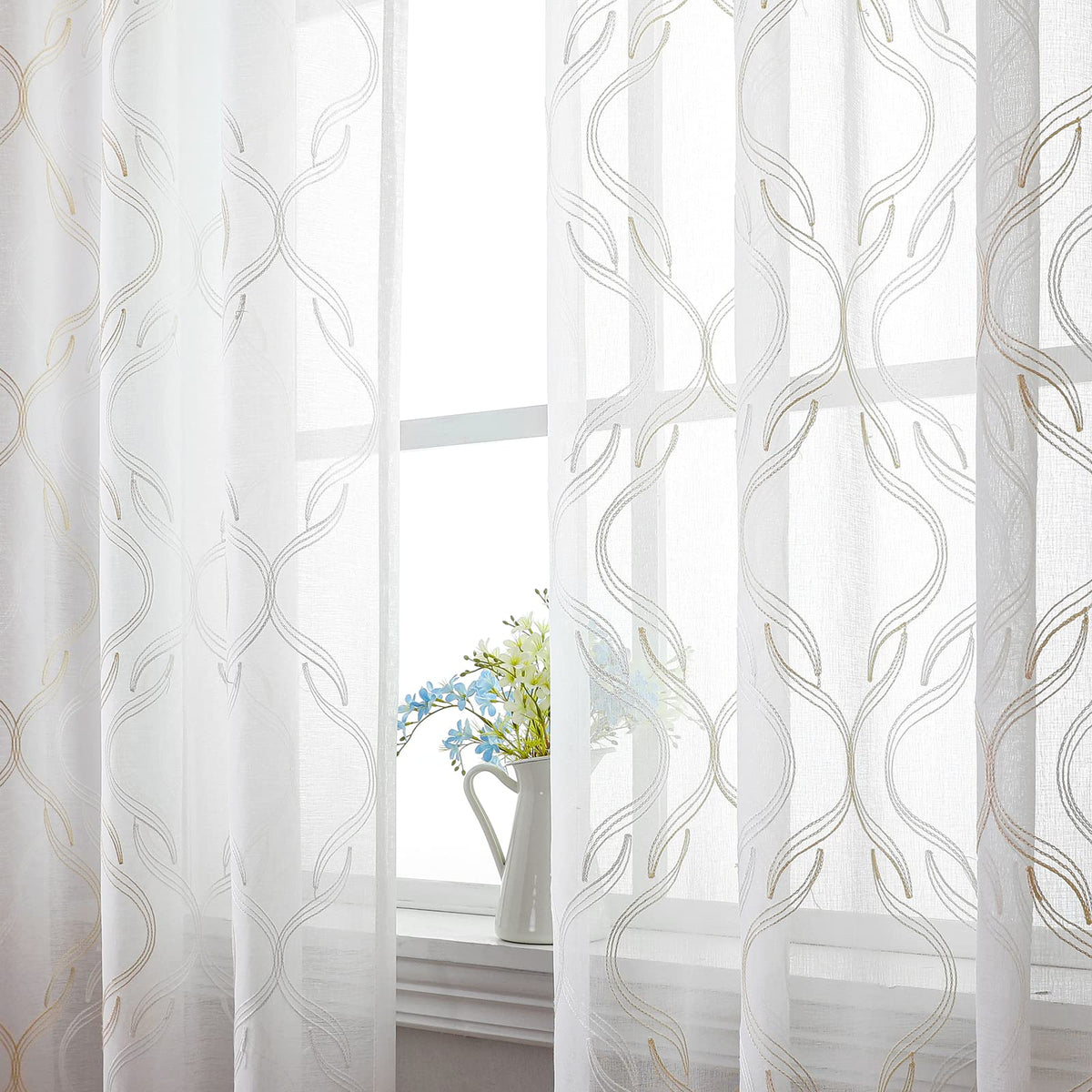 VISIONTEX White Sheer Curtains Grey Moroccan Embroidered 63 Inch Length