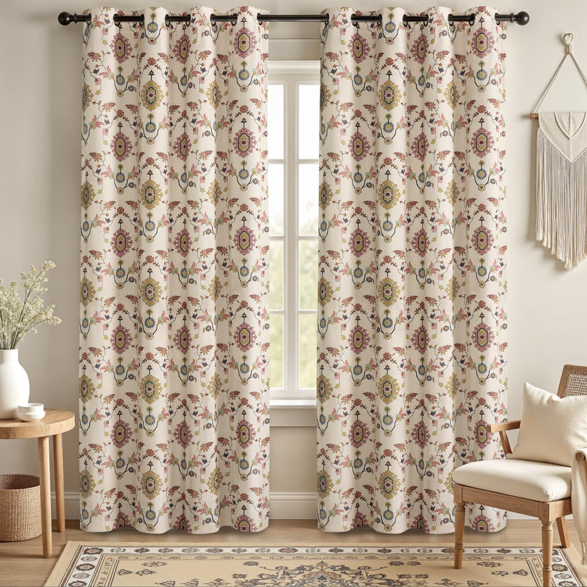 Boho Floral Light Filtering Curtains 84 Inch 2 Panels Linen Texture