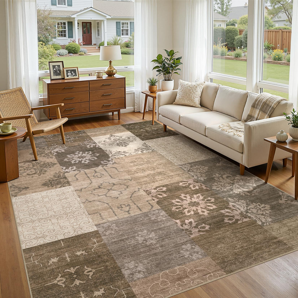 UERMEI 8x10 Area Rug Living Room Rugs - Washable Neutral Modern Abstract Soft Thin Large Rug Indoor Floor No Slip Rug Carpet for Bedroom Under Dining Table Home Office Decor - Brown Grey