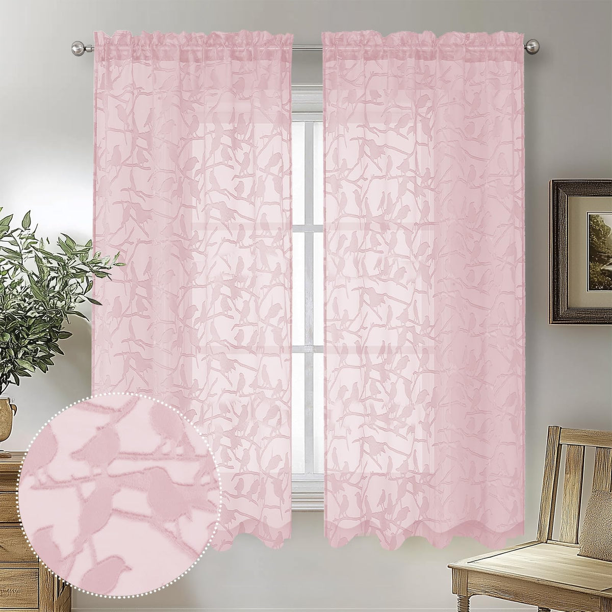 OVZME Sage Green Sheer Curtains 63 Inch Length 2 Panel Set, Light Filtering Bedroom Curtains with Dual Rod Pocket Top, Leaf Bird Clip Jacquard Sheer Farmhouse Window Drapes for Living Room, 2x38Wx63L