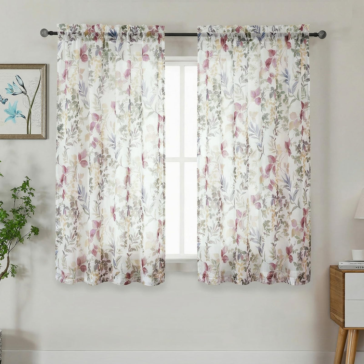 OWENIE Crushed Sheer Curtains 63 Inch Length 2 Panels Set, Sheer Floral Curtians with Printed Leaves Design, Printing Drapes for Living Room, Rod Pocket Light Filtering Window Sheers 42" W x 63" L