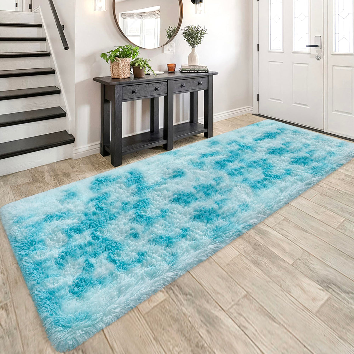 Tie-Dyed Runner Rug for Bedroom Black Grey 2x6ft Fluffy Area Rug Bedside Runner Rug for Kids Room Boys Teens Nursery Baby Living Room Dorm Home Decor Carpets