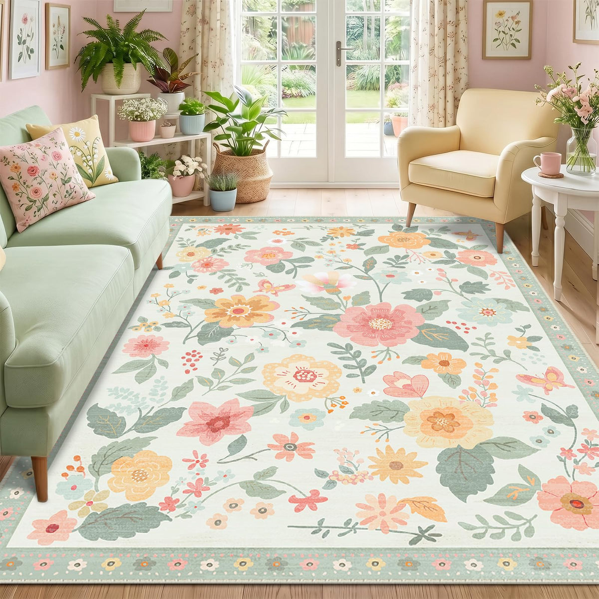 RELEANY Floral Washable 5x7 Area Rugs Pink