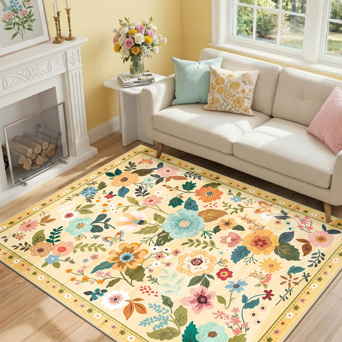 RELEANY Floral Washable 5x7 Area Rugs Pink