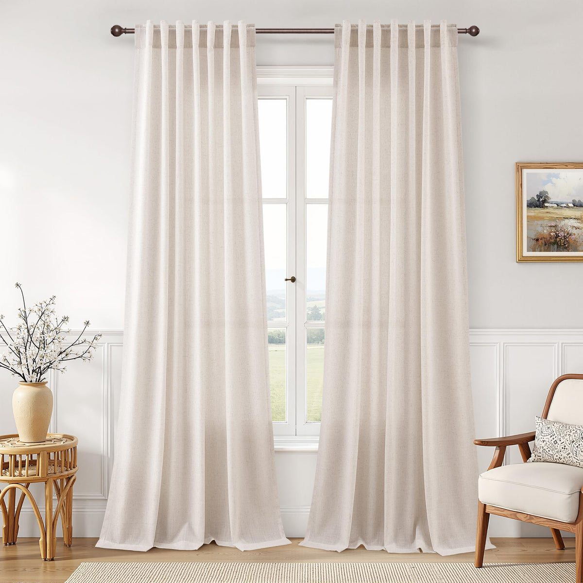 Joywell Linen Sheer Curtains 84 Inches Long for Living Room Beige Cream