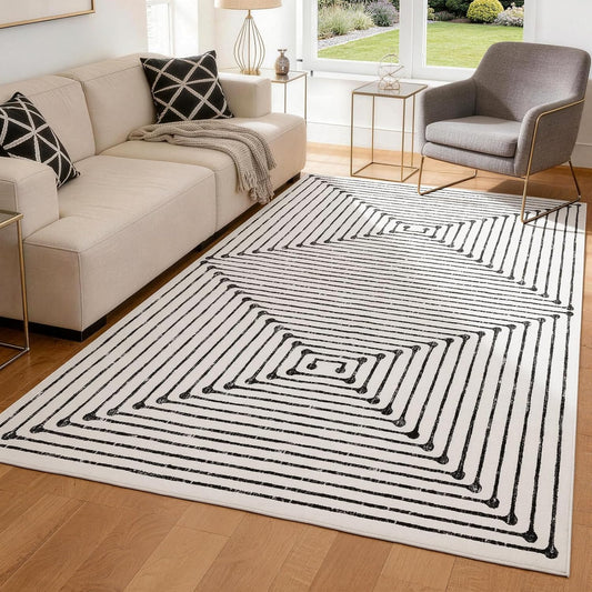 YIHOUSE Washable 5x7 Area Rugs for Living Room, Black and White Striped Rug for Bedroom Playroom Non Slip Low Pile, Soft Modern Geometric Carpet for Entryway Home Office Decor