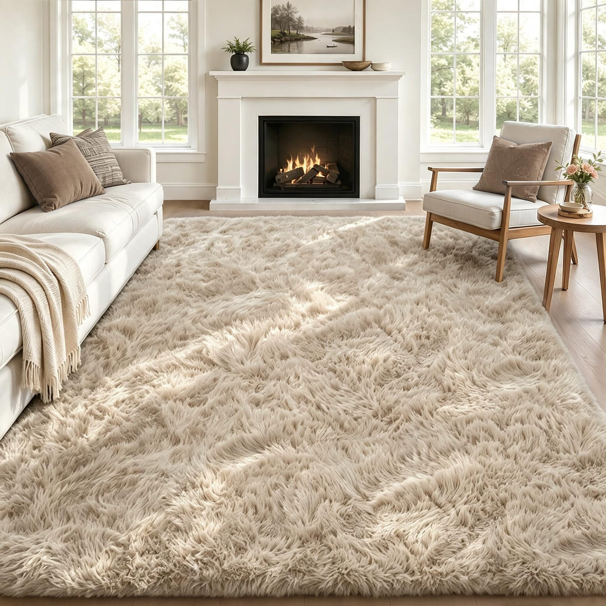 TENGTENGLINK 8x10 Fluffy Shag Area Rug Living Room Bedroom Washable Black