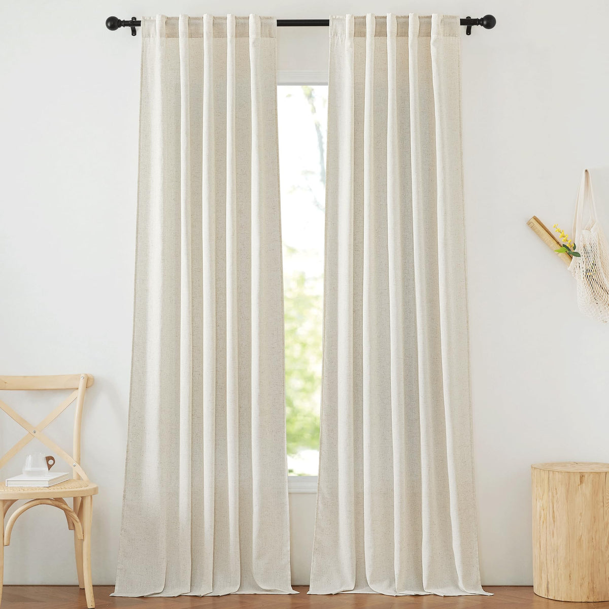 NICETOWN Natural Linen Curtains & Drapes for Windows 84 inch Long, Rod Pocket & Back Tab Thick Flax Semi Sheer Privacy Assured with Light Filtering for Bedroom/Living Room, W55 x L84, 2 Pieces