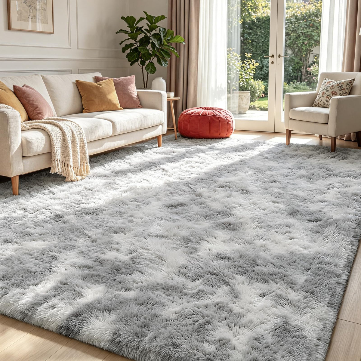 Beige 8x10 Area Rugs for Living Room, Fluffy Shag Rug Large Bedroom Carpet