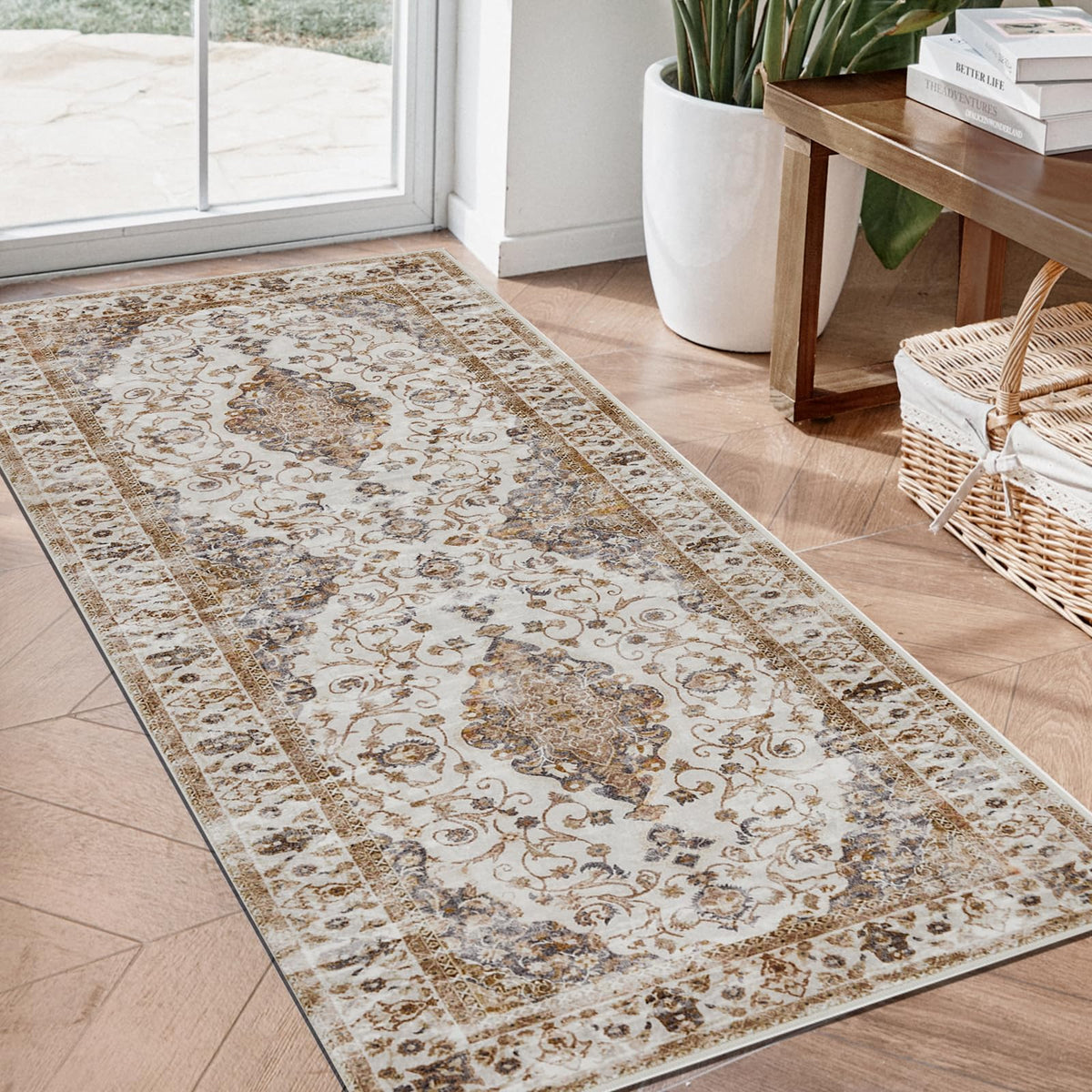 Joydeco Boho Washable Abstract Beige 5x7 Area Rugs for Living Room Bedroom
