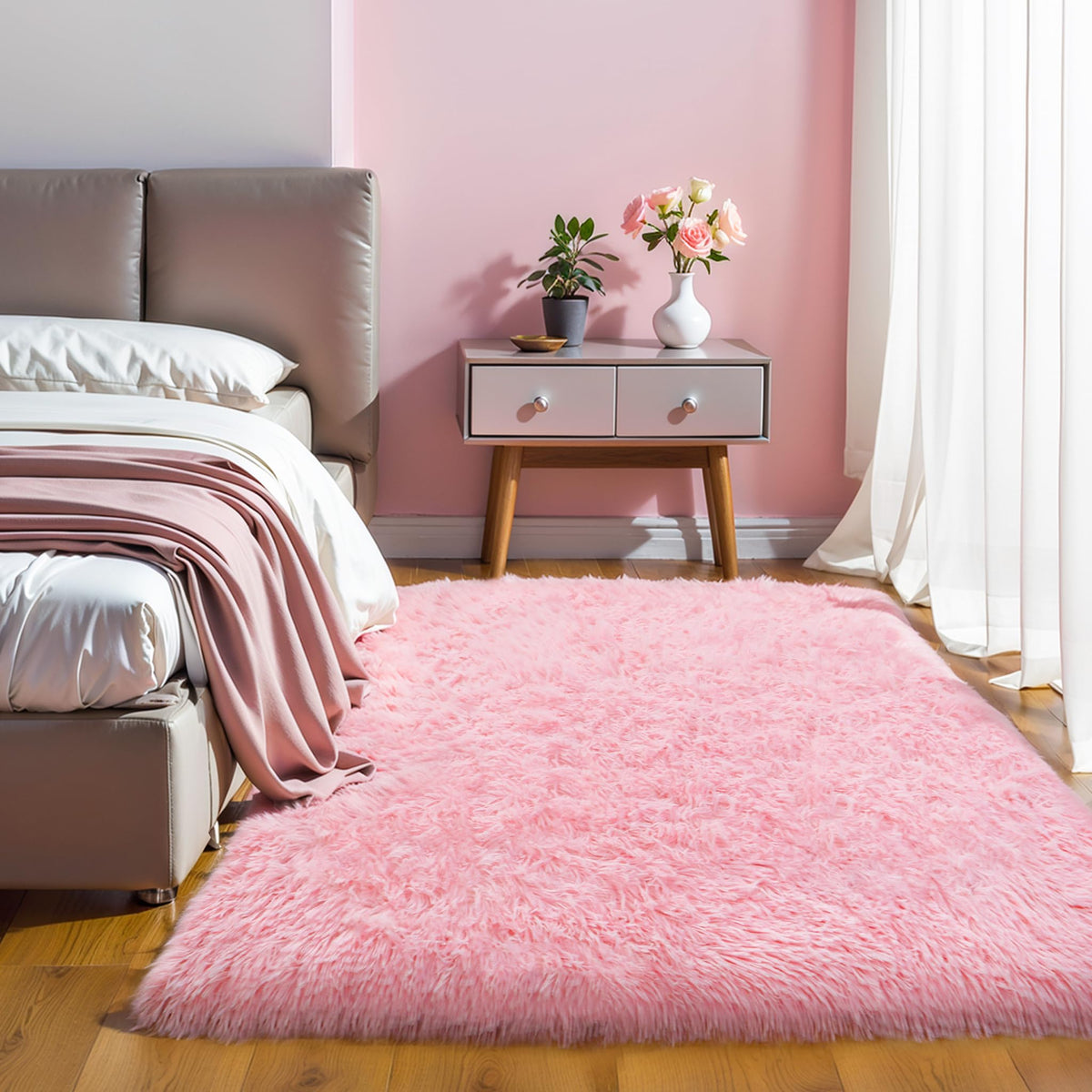 Pink Fluffy 4x6 Area Rugs for Bedroom Girls, Plush Washable Carpet