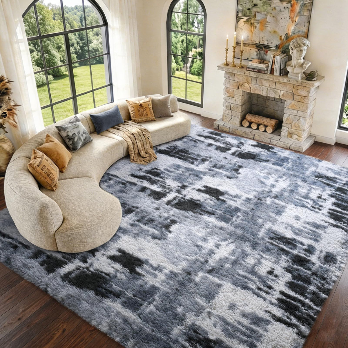 9x12 Extra Large Fluffy Area Rugs for Living Room Tie-Dyed Light Grey