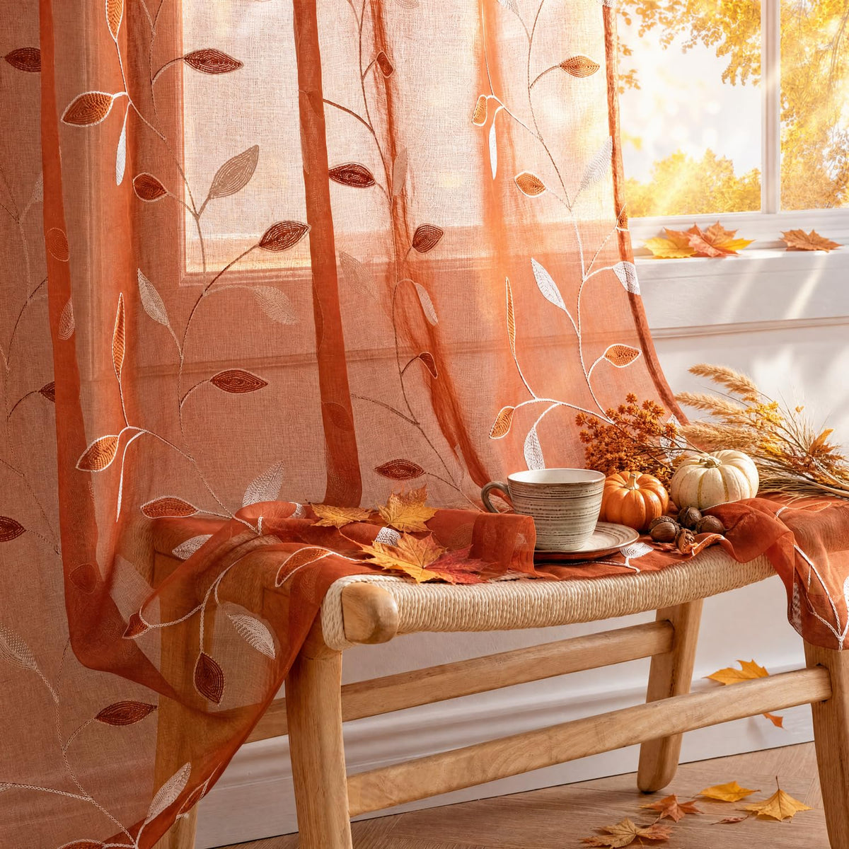 MIULEE Beige Sheer Curtains 2 Panels Embroidered Leaf Patterned, W52 x L84