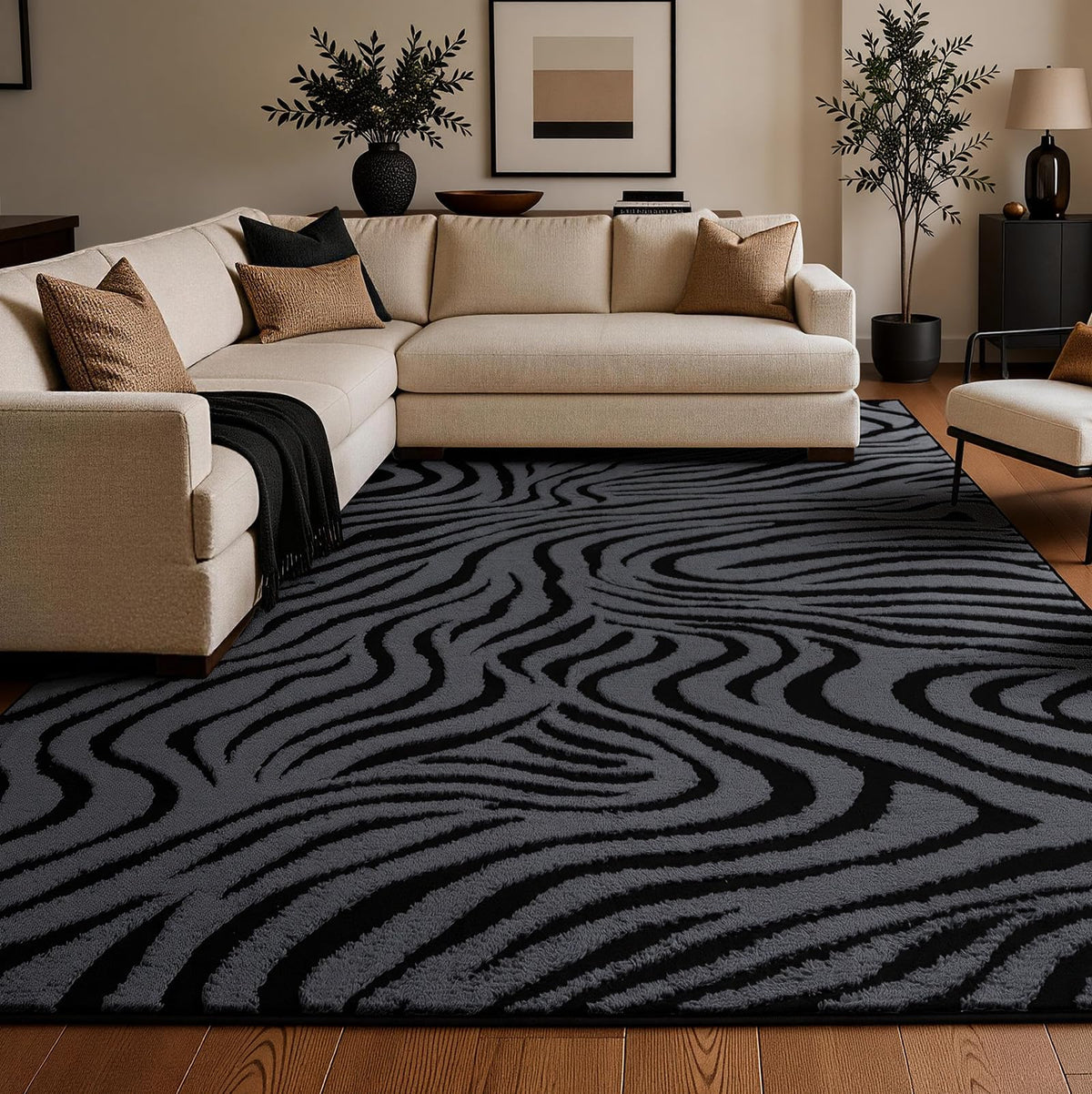 YIHOUSE 5×7 Ft Area Rugs for Living Room: Modern Washable Rug - Abstract Black and Cream White Rug for Bedroom Dining Room Office Playroom Nursery Home Decor - Nonslip Non-Shedding Striped Rugs