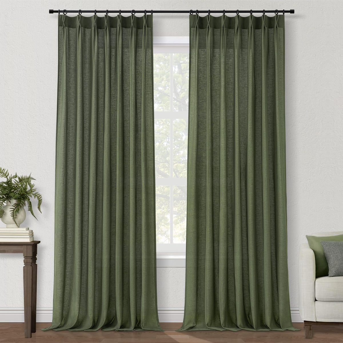 96 Inches Long Pinch Pleated Semi Sheer Curtains,Natural Linen Blended Light Filtering Window Curtains 96 Length 2 Panels for Living Room Bedroom Pinch Pleat Drapes with Hooks 2 Panels 40" Wx96 L