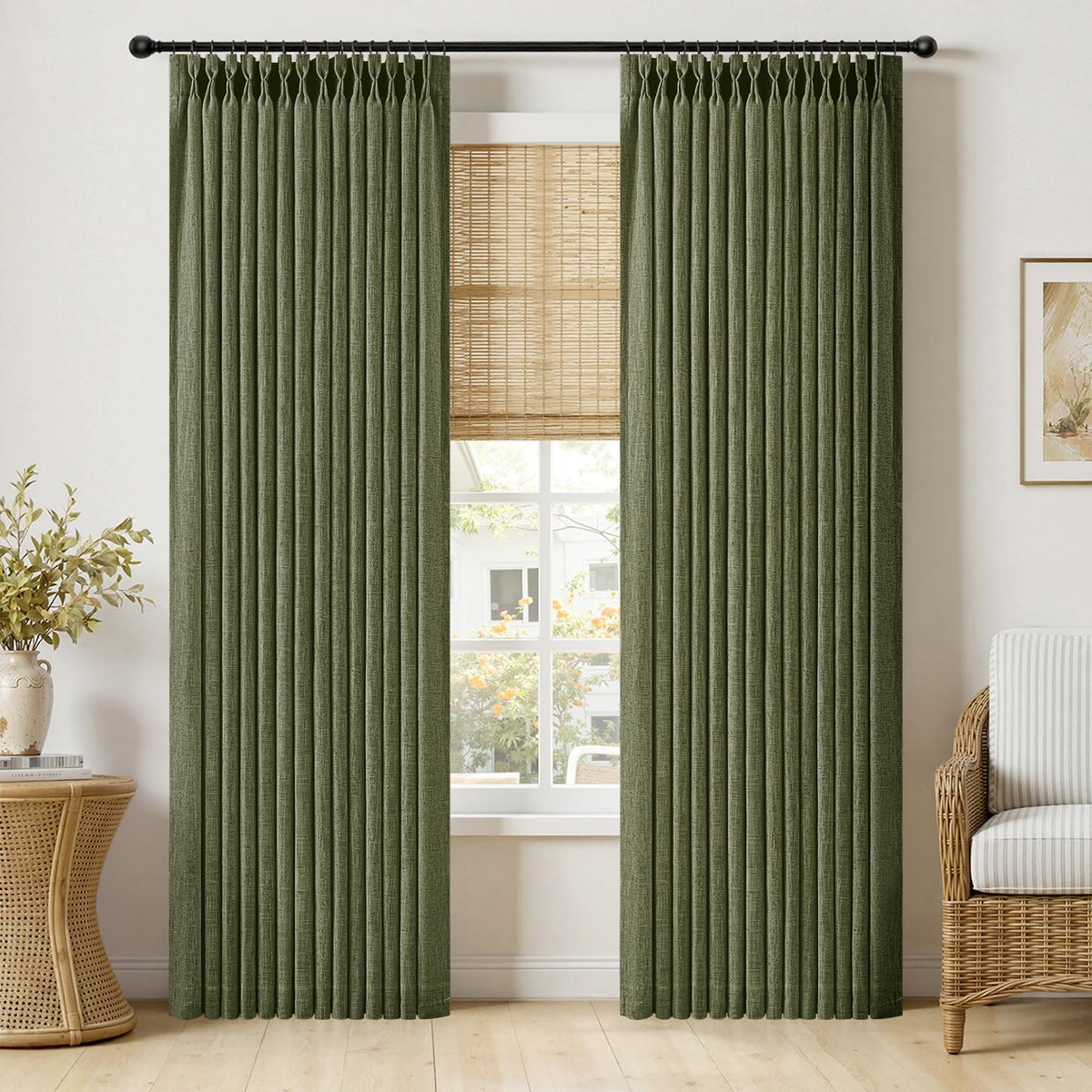 MIULEE Pinch Pleated Thick Linen Curtains 96 Inches Burlap Brown Curtains