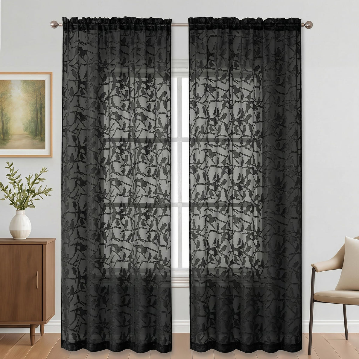 OVZME Sage Green Sheer Curtains 63 Inch Length 2 Panel Set, Light Filtering Bedroom Curtains with Dual Rod Pocket Top, Leaf Bird Clip Jacquard Sheer Farmhouse Window Drapes for Living Room, 2x38Wx63L