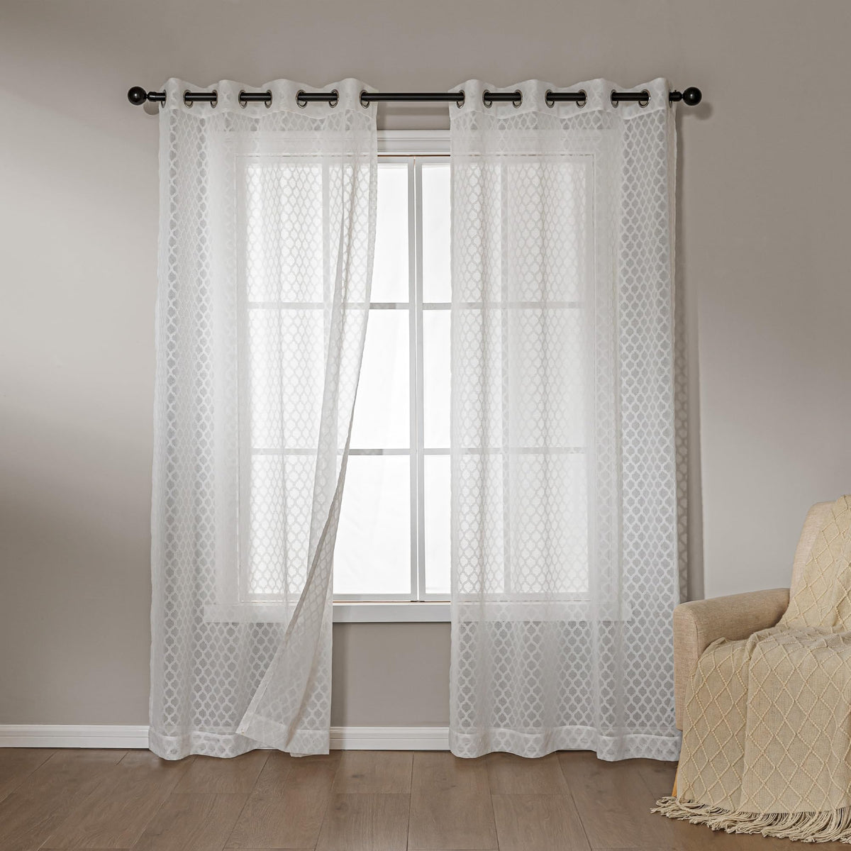 Amazon Basics Lace Sheer Curtains for Living Room and Bedroom, 2-Panel Set with Grommet, 42" W × 63" L, White Cloverleaf