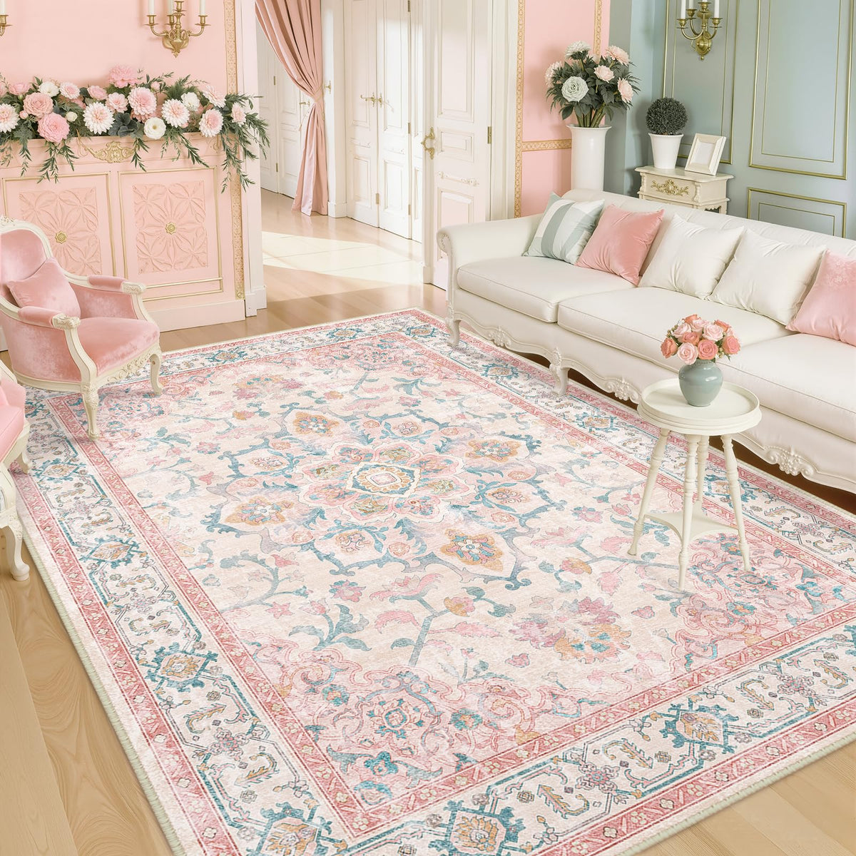 CAPALOCA 5x7 Washable Nursery Girls Low Pile Area Rug Pink