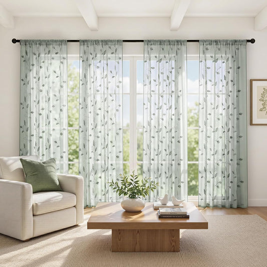 HOMEIDEAS Sage Green Sheer Curtains Leaf Embroidered, 52x84 Inch, 2 Panels