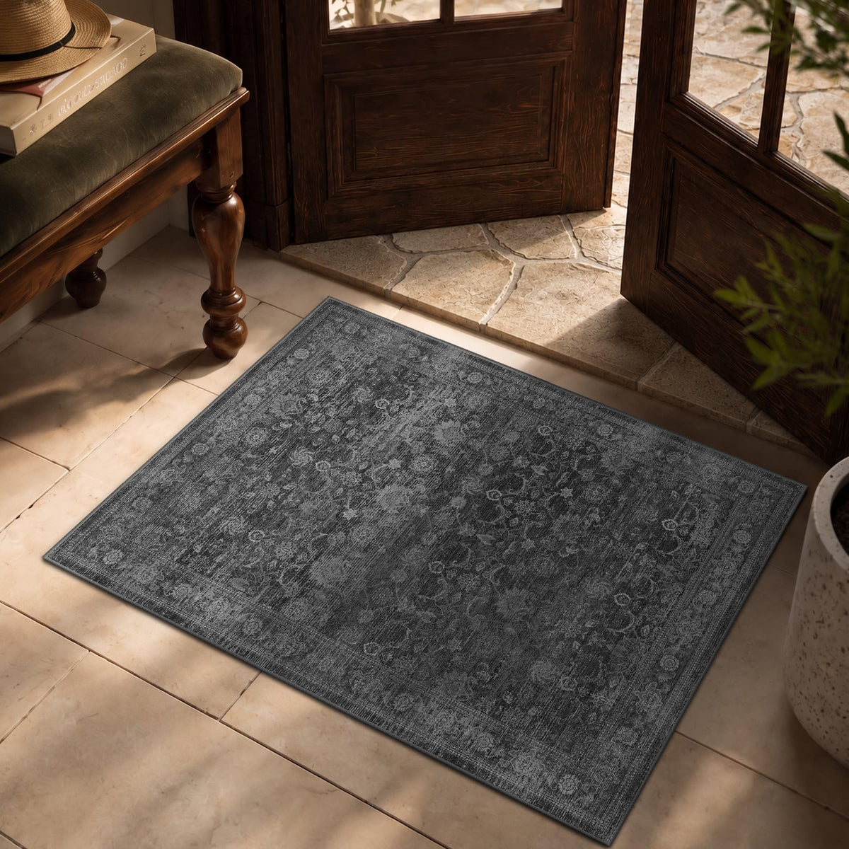 8x10 Washable Boho Area Rug, Dark Beige Farmhouse for Living Room