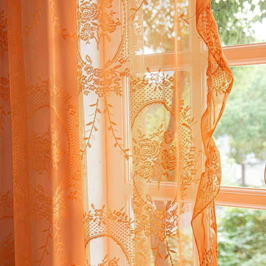 Deeprove Orange Lace Sheer Curtains 84 inches Long 2 Panels Set, Boho Burnt Terracotta Florals Embroidery Vintage Window Treatment Pair Fall Decor Drapes for Farmhouse Bedroom Living Room, W57 x L84