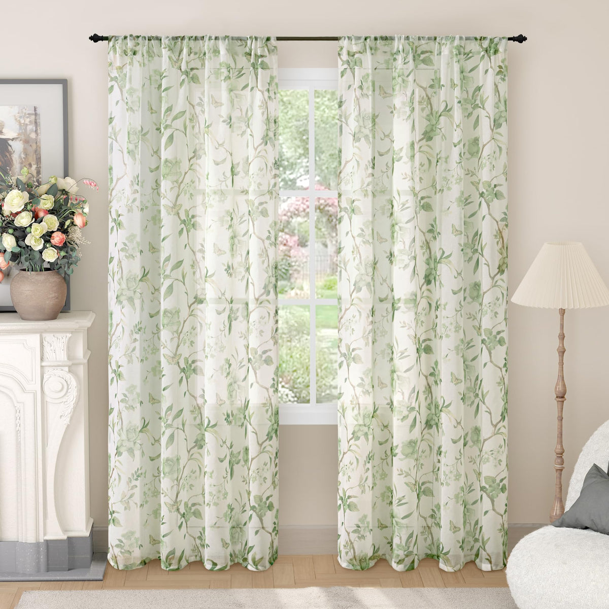 Lajode Pink Floral Sheer Curtains for Girls Room - 52x84 Inch 2 Panels