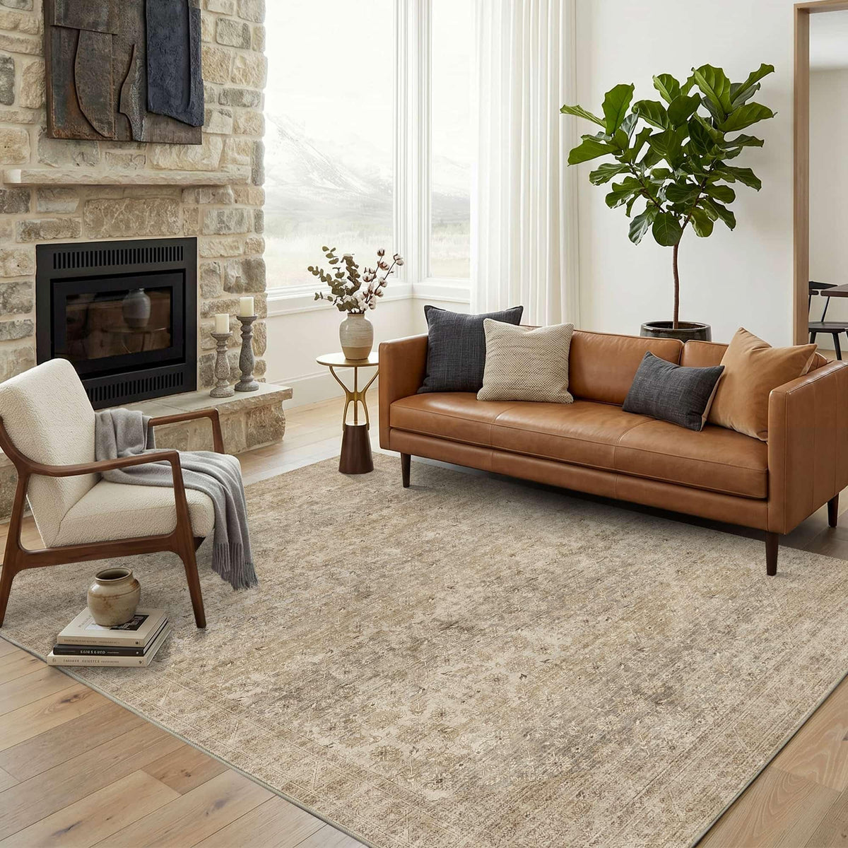 8x10 Washable Boho Area Rug, Dark Beige Farmhouse for Living Room