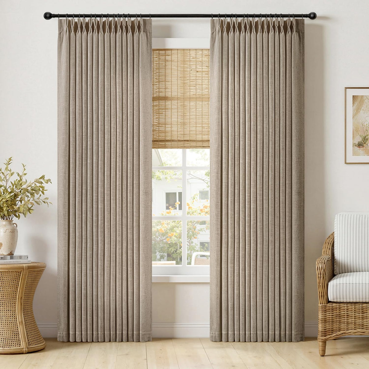 MIULEE Pinch Pleated Thick Linen Curtains 96 Inches Burlap Brown Curtains