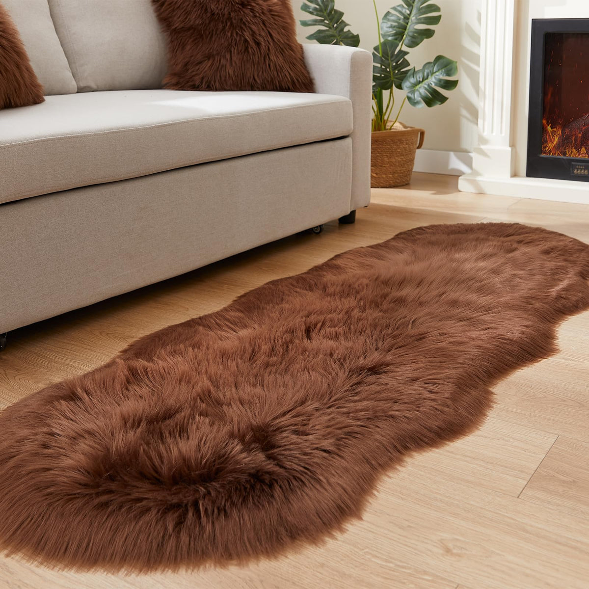 EasyJoy Ultra Soft Fluffy/Fuzzy Shaggy Area Rug Faux Fur Chair Cover Seat Pad for Bedroom Floor Sofa Living Room (2 x 6 ft Sheepskin, Beige)