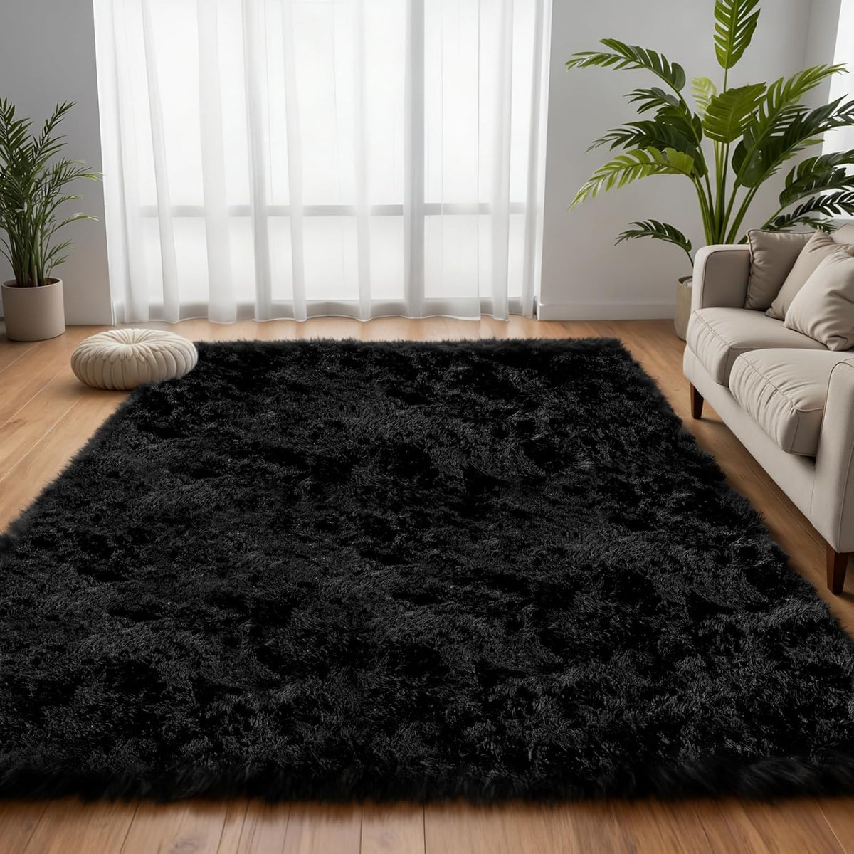 6x9 Black Fluffy Fuzzy Shag Area Rug for Living Room, Bedroom, Dorm Carpet